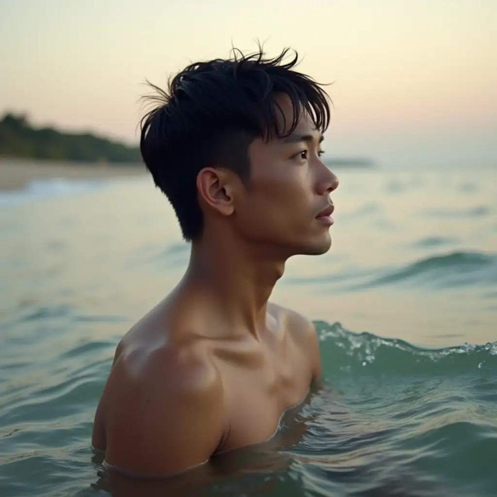 Young-East-Asian-Man-Surfacing-in-Evening-Sunlit-Water-with-Beach-Background