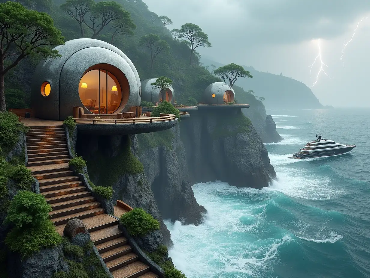 Create a high resolution, realistic panorama image of a futuristic terrace building with steps leading down to the sea, snail house windows, many plants and grey and brown facades, a yacht at sea with very large waves, big trees, grey sky with lightning and storm