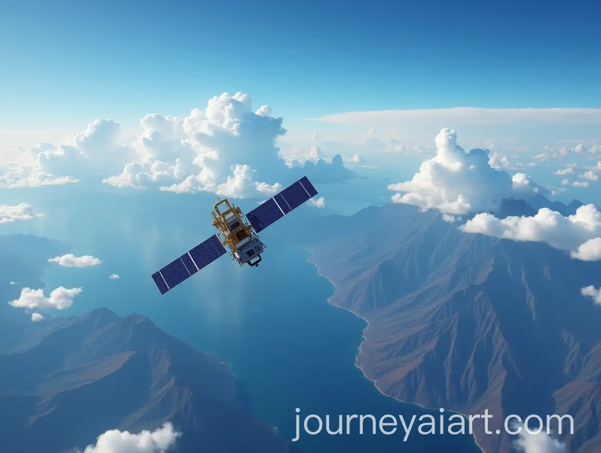 Satellite-Floating-Above-Earth-with-Clouds-Mountains-and-Oceans-in-Background