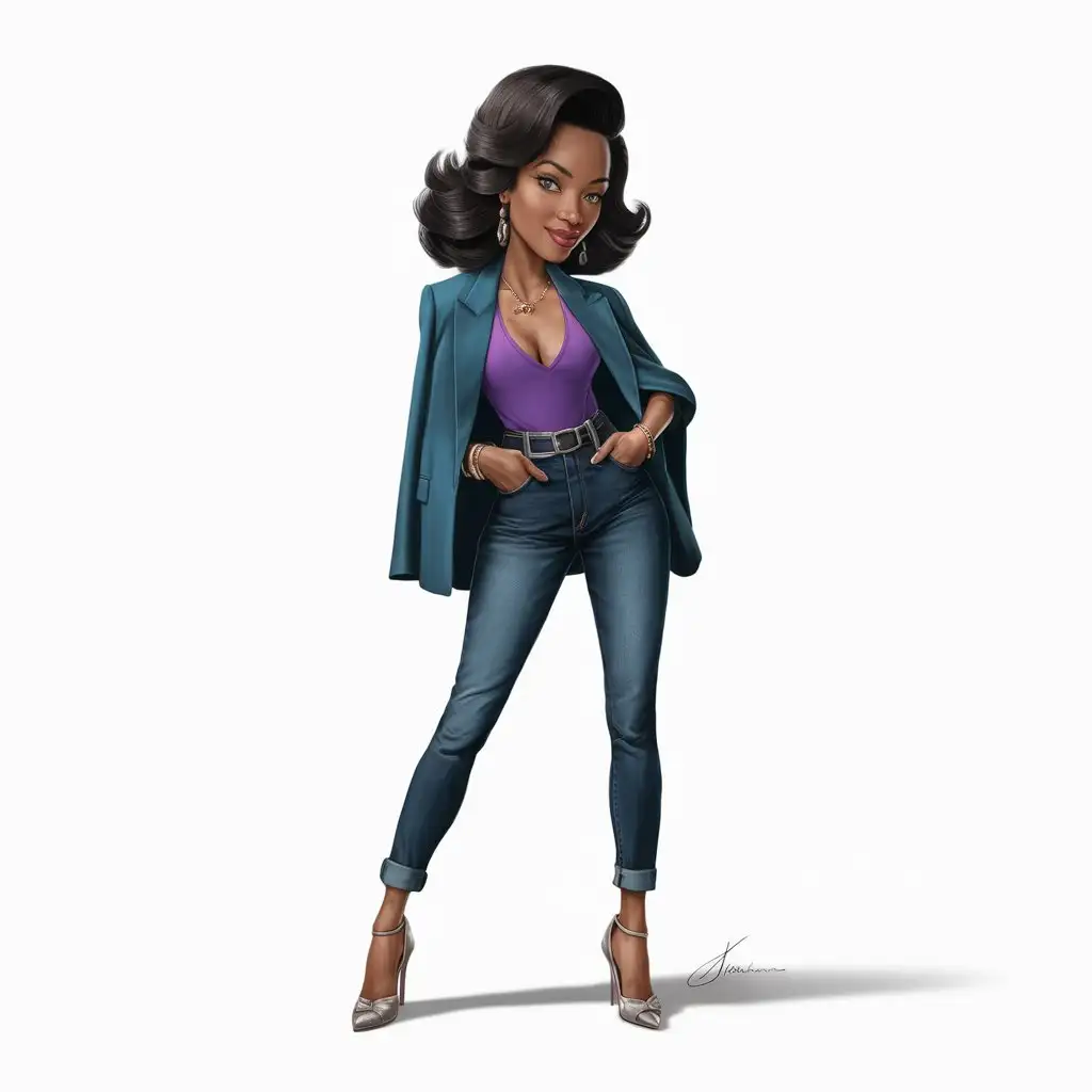 A cartoon realism style clipart featuring a beautiful black woman. She is fashionably dressed in a stylish blazer, purple top, and trendy denim jeans. Her footwear consists of elegant heels. Her hair is beautifully styled, showcasing a mix of elegance and trendiness. She is accessorized with tasteful jewelry, adding to her fashionable appearance. The background of the clipart is plain white, emphasizing the subject's style and beauty