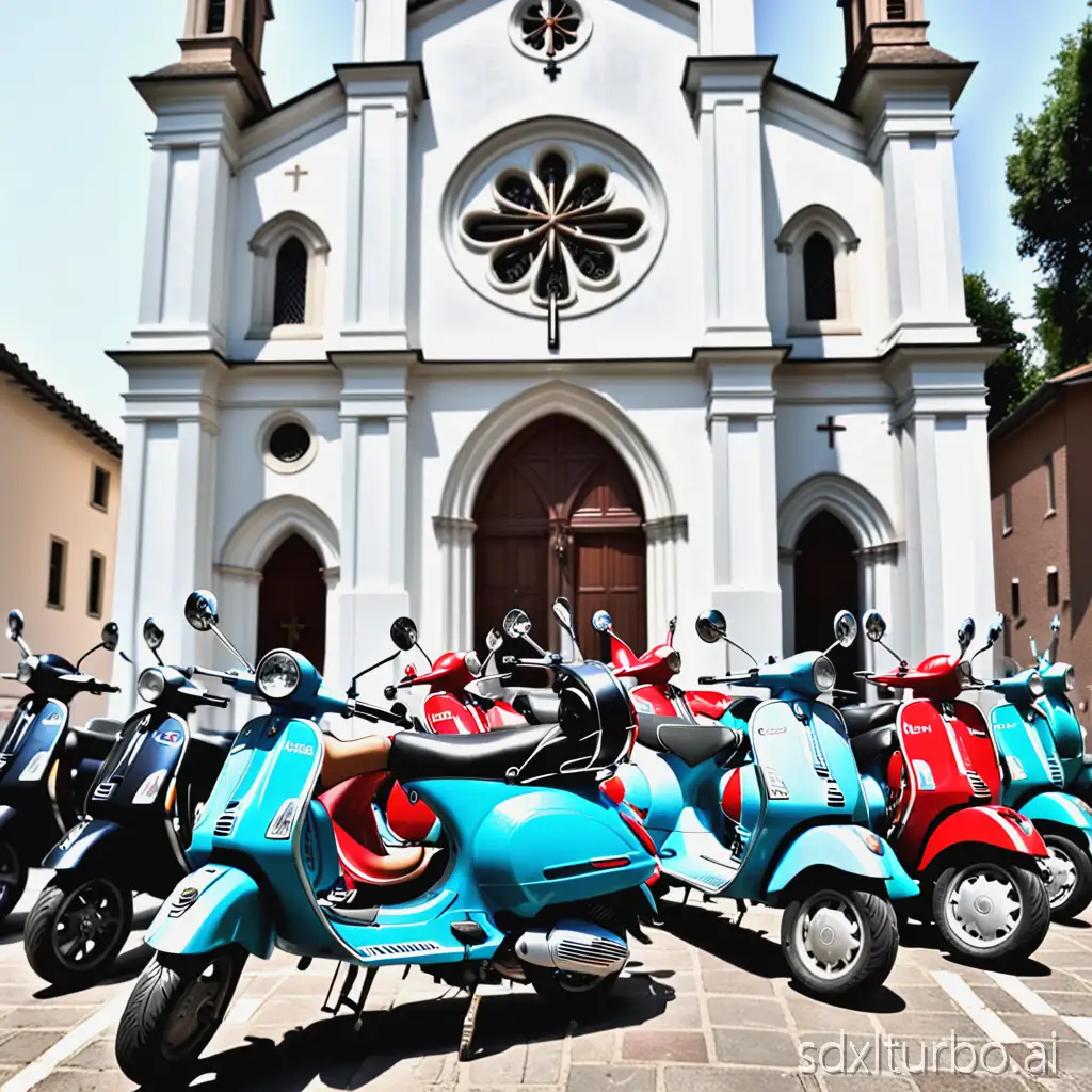 many Vespa motorbikes are parked in front of a church