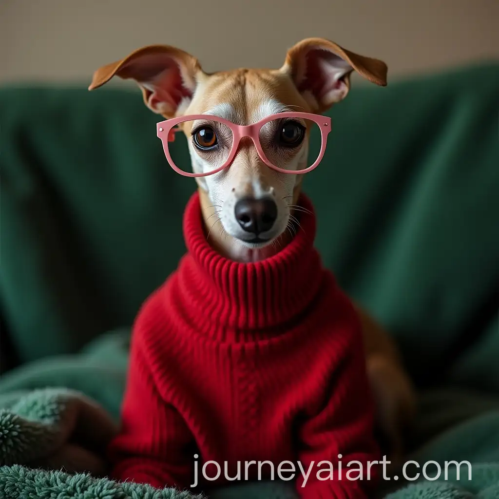 Italian-Greyhound-in-Red-Turtleneck-Sweater-and-Glasses-on-Green-Sofa