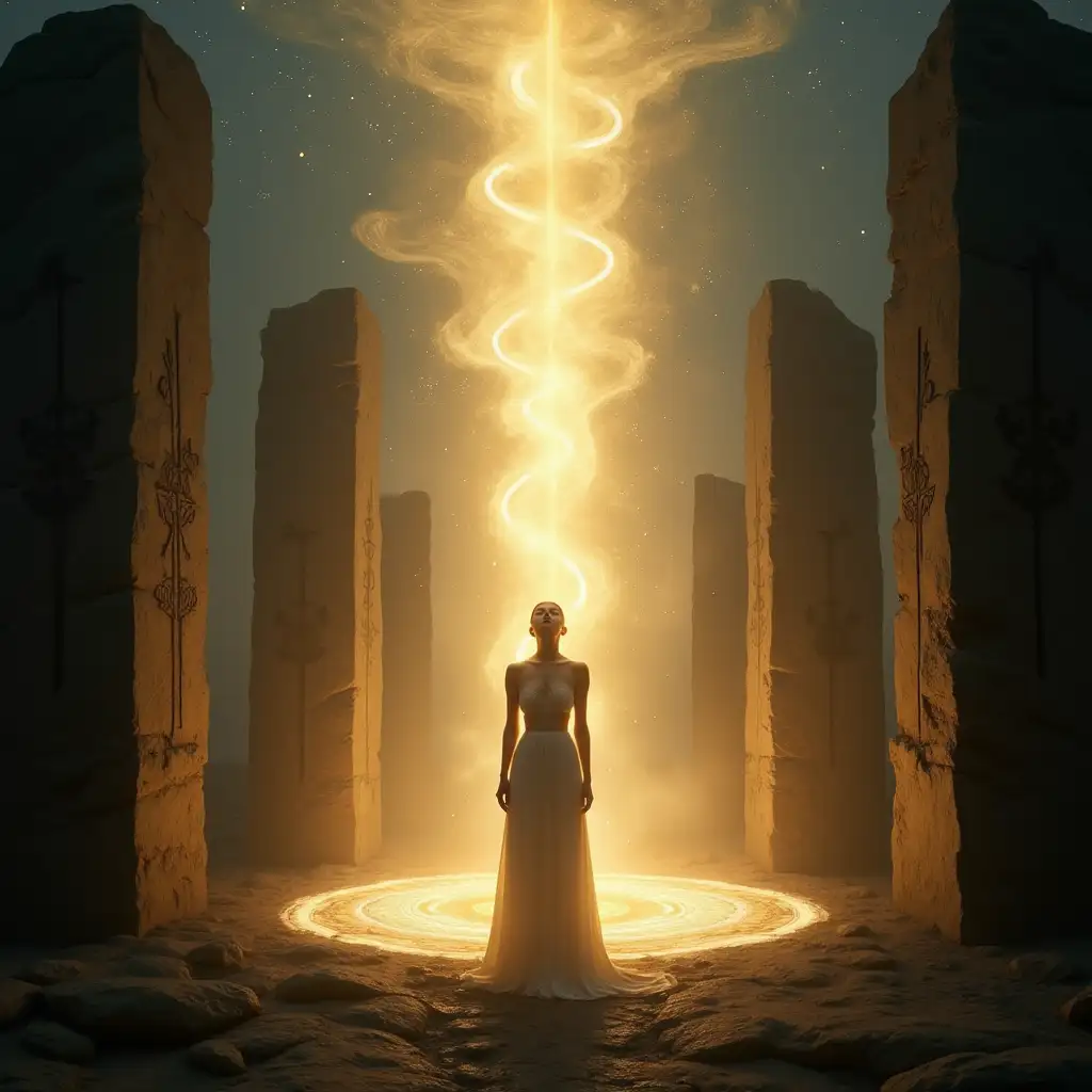 A figure with eyes closed, standing within the centre of a glowing tall stone circle. Energy spirals rising gently from the earth. Light beams connecting above. Subtle faces or symbols appearing in the stones.