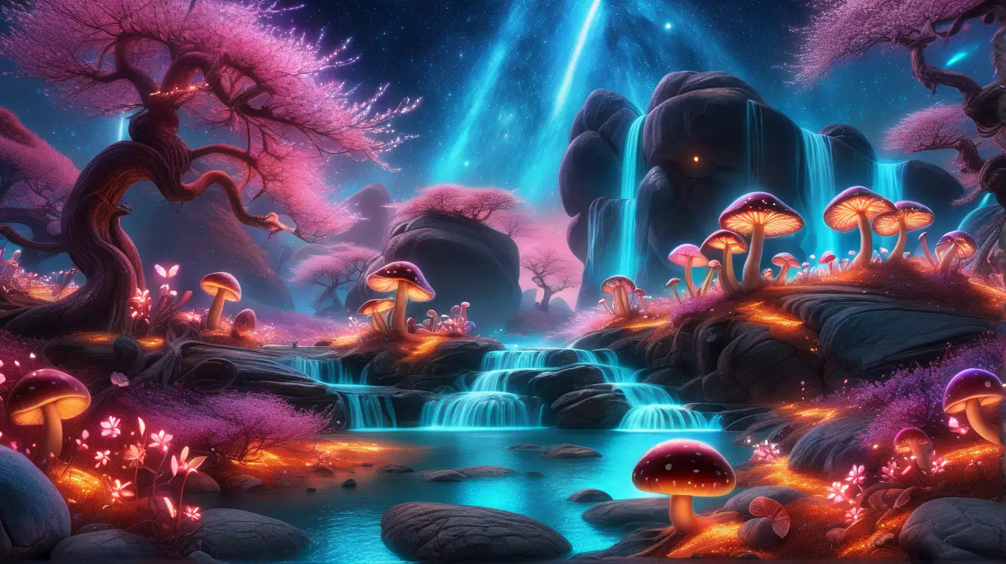 Enchanting Landscape of a Magical Forest with Neon Fungi and Celestial Bodies