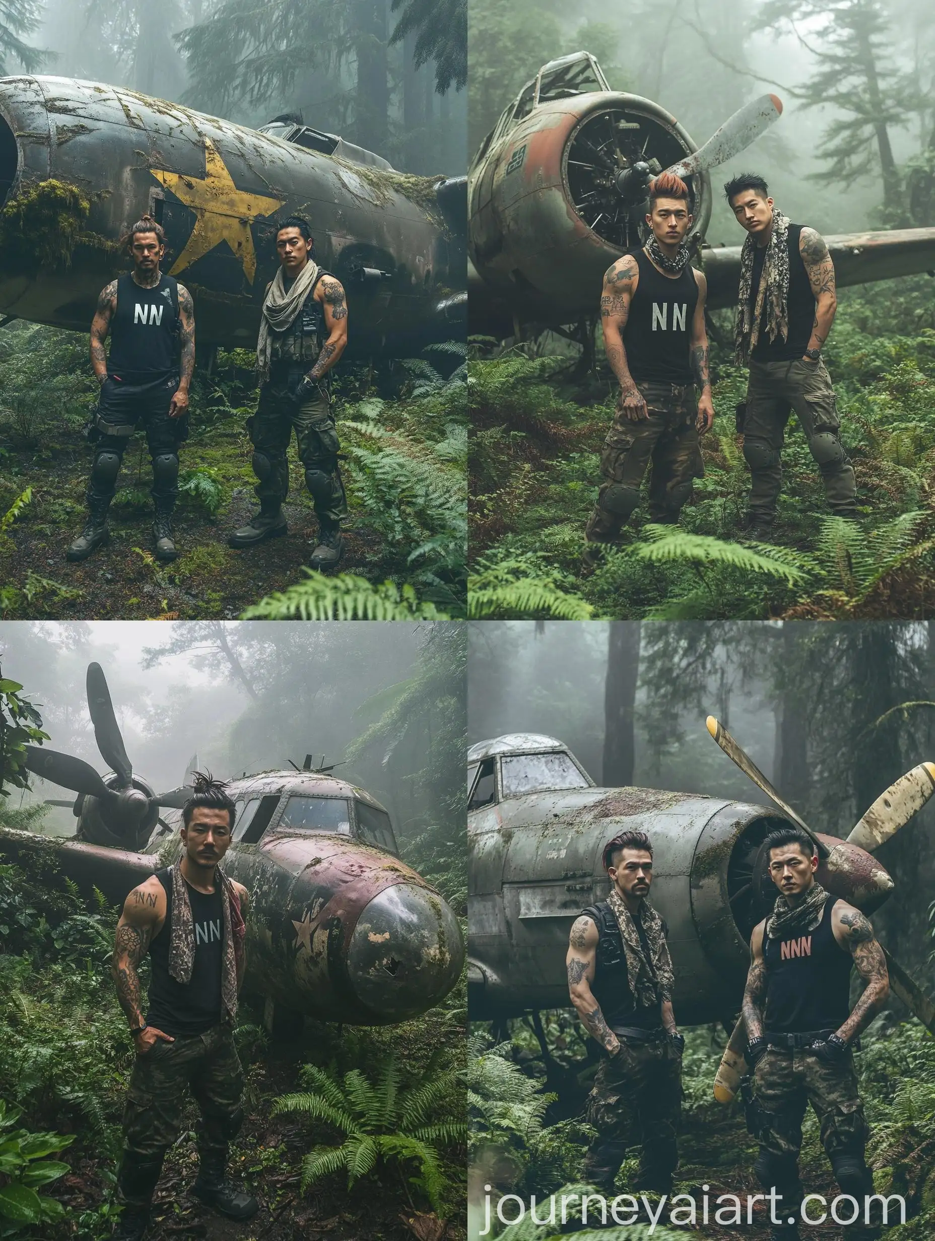 Korean-Men-by-WWII-Fighter-Plane-in-Foggy-Forest