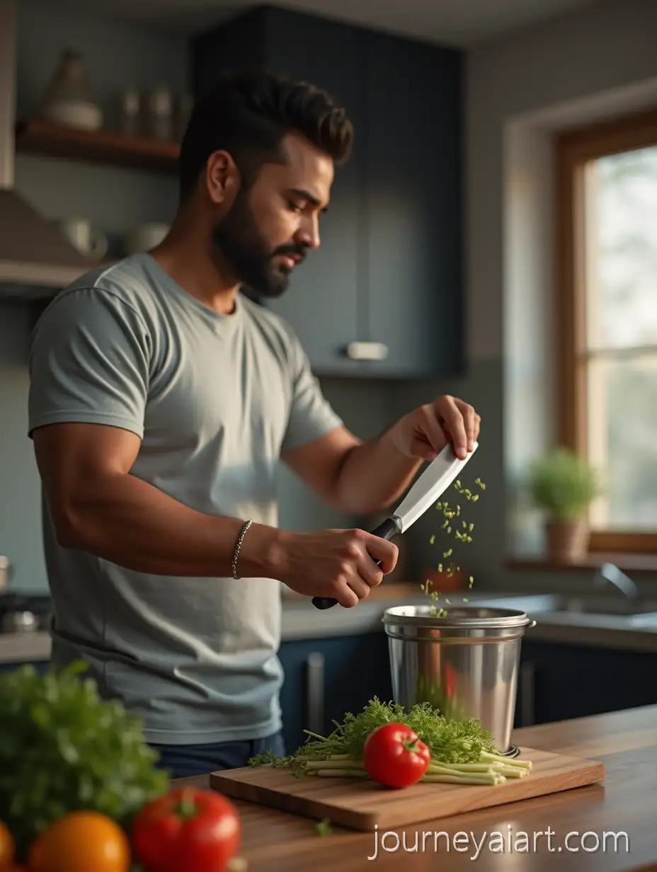 Indian-Man-in-Modern-Kitchen-Preparing-Vegetables-with-Sharp-Knife-and-Wooden-Chopping-Board