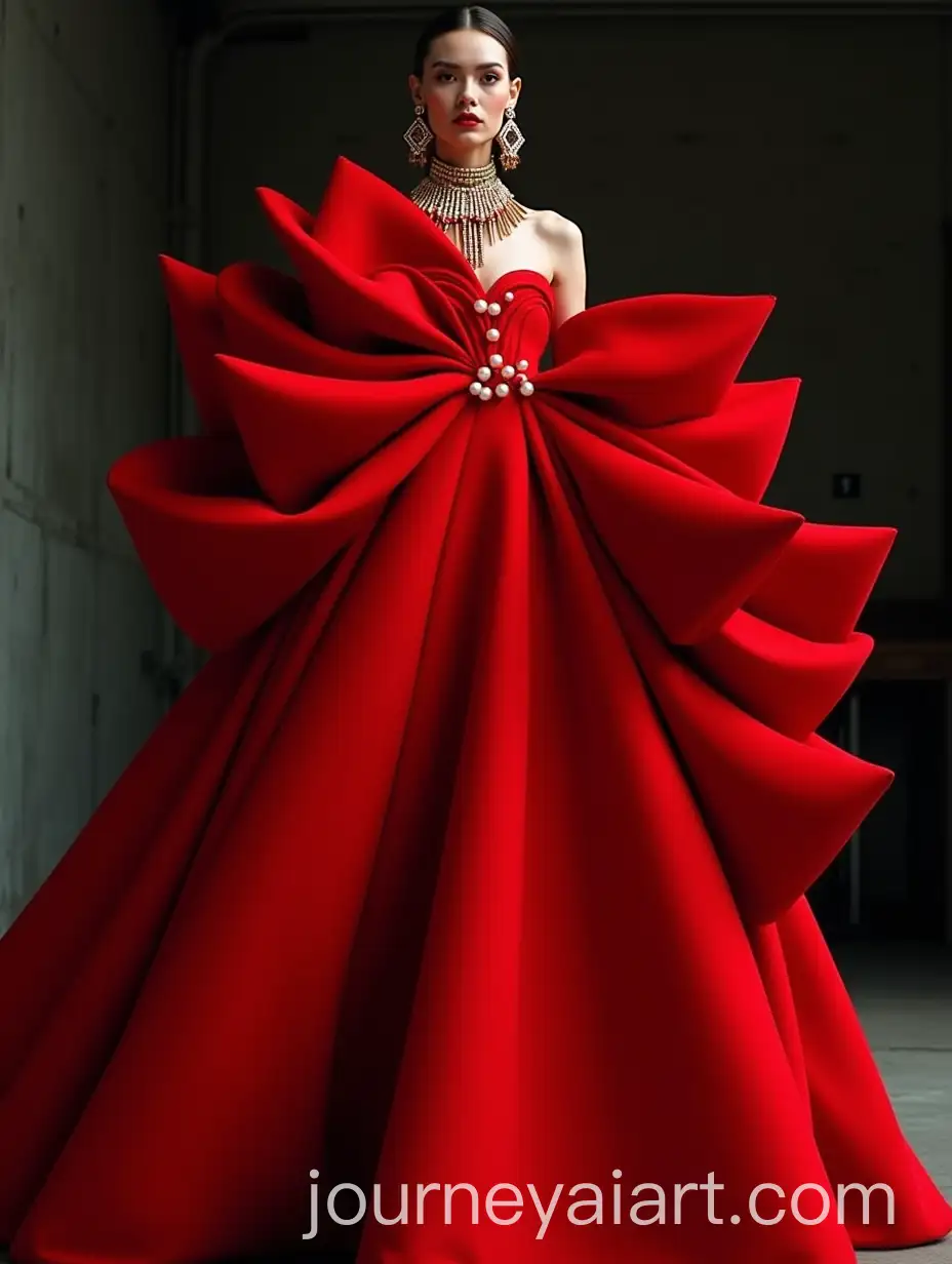 Model-in-Sculptural-Red-Dress-with-Pearl-Details-and-Dramatic-Makeup