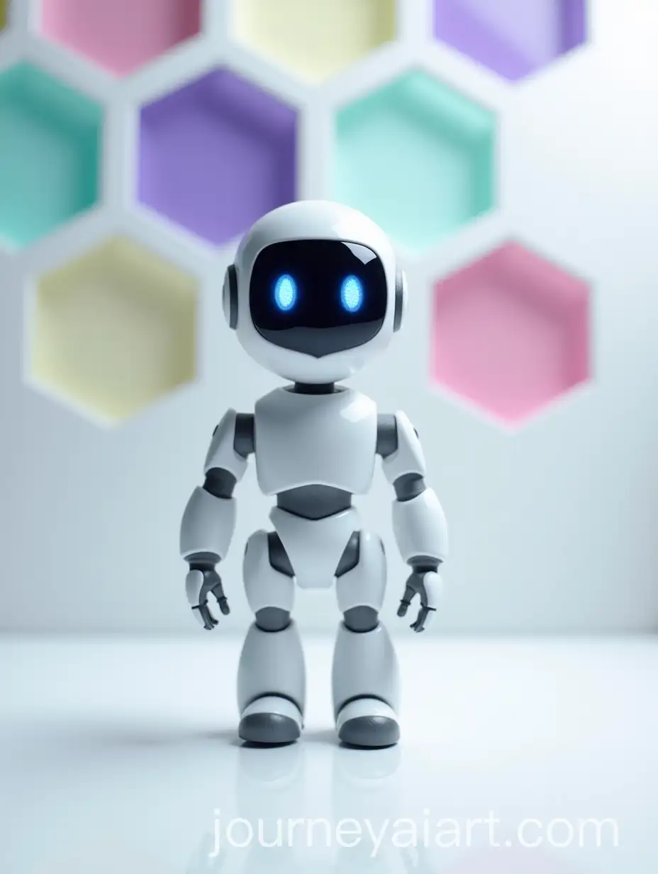 Cute-White-MiniRobot-with-Glowing-Blue-Eyes-in-Front-of-Stained-Glass-Honeycomb-Wall