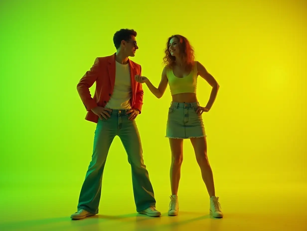 Young stylish emotional man and woman, professional dancers in retro style clothes dancing disco dance over green-yellow background. 1970s, 1980s fashion, music concept