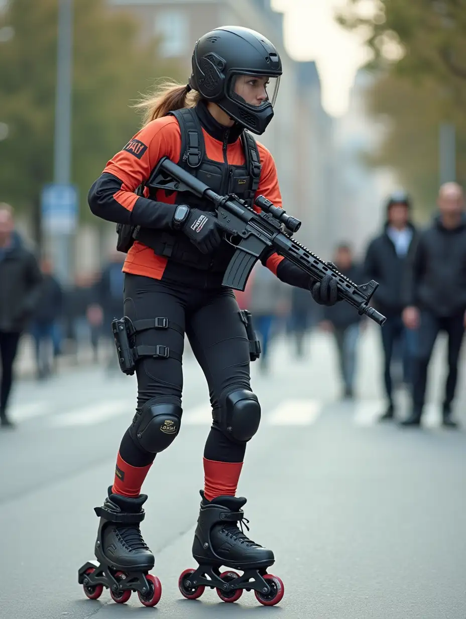 a 17 year old airsoft geared woman at a distance, she is skating on a street, holding a weapon, ordinary people in background, clothes have racing colors, she is wearing lots of functional sportswear, cycling gloves, airsoft helmet with transparent visor over eyes, smartwatch, thick plastic knee pads, modern inline skates with complete organized wheels