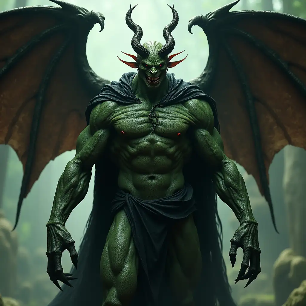 Demon, height of over two meters, his powerful body was covered with greenish scales, behind him a black cloak was visible, and huge wings protruded, muscular five-fingered hands were also covered with scales, and on each finger there were huge claws, the face retained some human features, but at the same time it acquired classic outlines, and the eyes seemed like two lakes filled with darkness and horror, instead of hair on his head twisted long thin snakes, he is terrible and fascinating beautiful, similar to a perfect weapon of murder