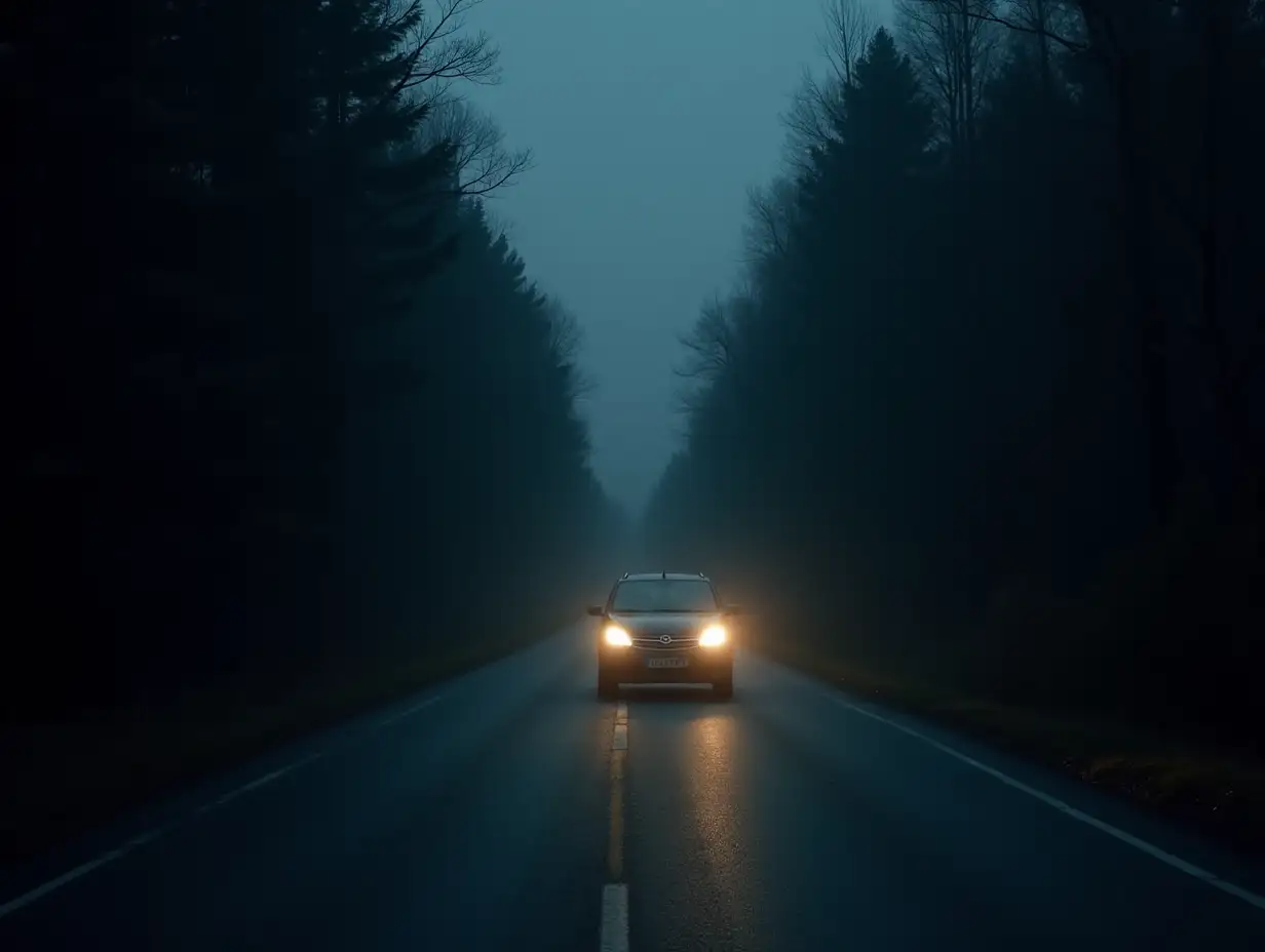 A car on a scary road in the forest at dusk with activated headlights