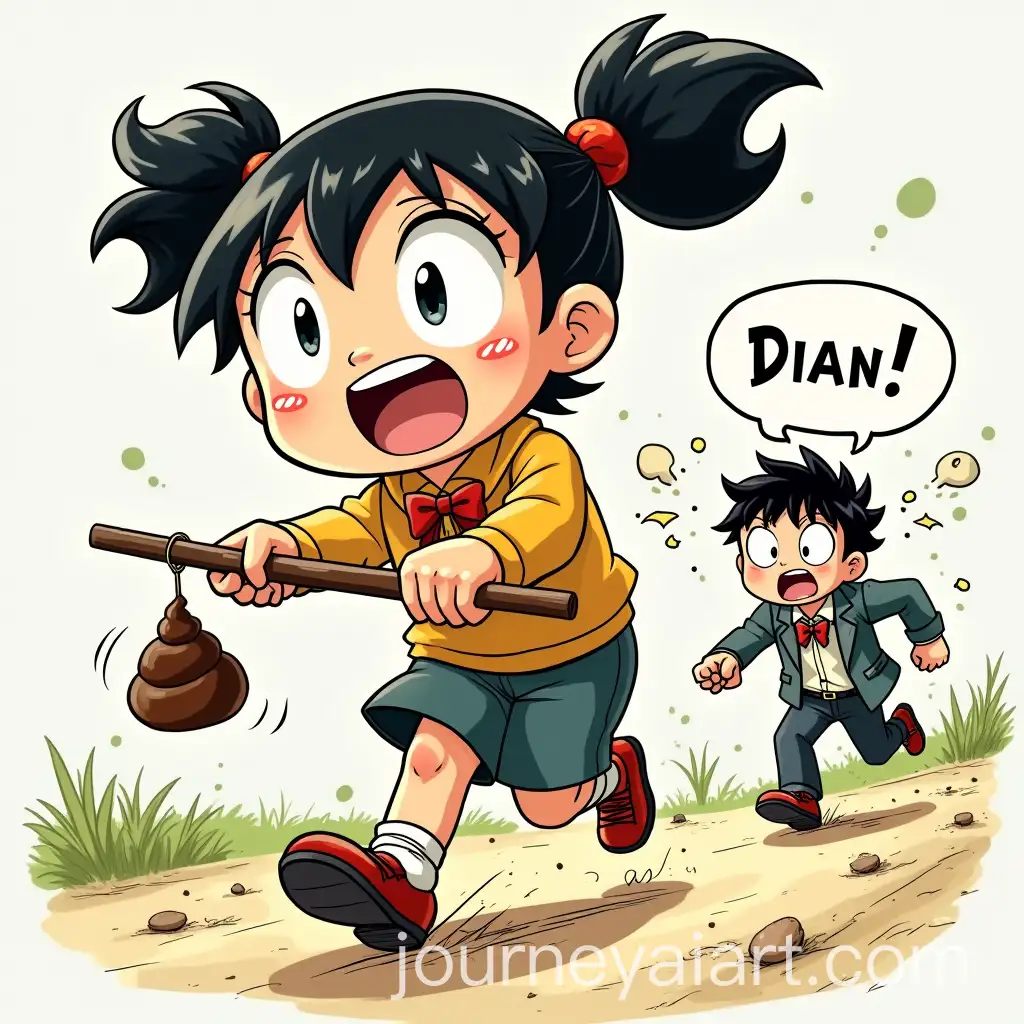 Arale-Norimaki-Running-with-Poop-on-a-Stick-in-Dr-Slump-Manga-Style