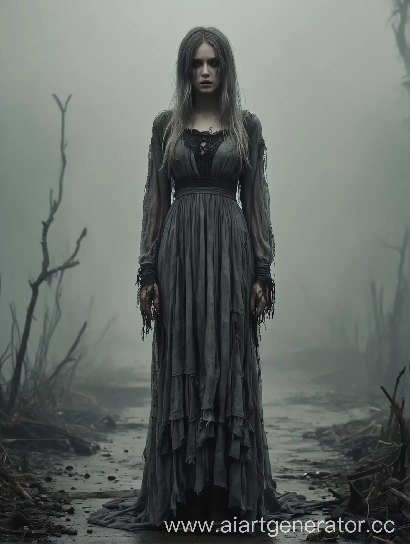 Appearance:
The character has a thin and elongated build, giving her an unnatural and creepy appearance. Her skin is pale, almost gray-white, with blue veins protruding through the thin layer of skin. Her face is emaciated and disfigured, with deep dark hollows in place of eyes. Instead of normal teeth, she has long, sharp, needle-like fangs, which adds to her predatory and wild appearance. Her hair is long, black and tangled, looking like clumps, falling over her face and shoulders, hiding part of her appearance.
Clothing:
The character wears a torn and shabby long dress, once white, but now covered in blood and dirt stains. The dress has torn edges and large holes, as if it was torn by claws. The sleeves are long, tightly fitting her bony arms, and end in wide cuffs with remnants of lace. On her feet are sandals with straps that dig into her emaciated feet, or bare feet, heavily covered in dirt and blood. Her toes are long and curved, with black claws reminiscent of an animal's.
Atmosphere:
The character is surrounded by fog or black haze, which makes her appearance even more creepy and difficult to see in the dark. At times, her figure blurs, as if dissolving into thin air, creating the feeling that she is a ghost or a creature from another world.