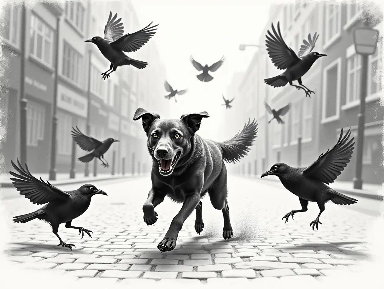 Draw a dog running on an asphalt road of a city street, dodging crows attacking it