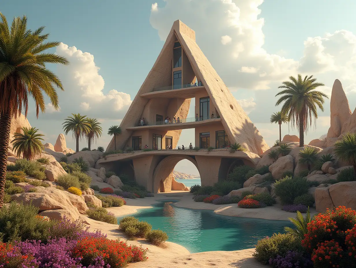 Create a high-resolution, realistic panorama image of a futuristic terrace building with window pyramid house with bridge, one and one  with people, many plants and colorful flowers White and brown facades before the desert oasis, large trees, very cloudy sky