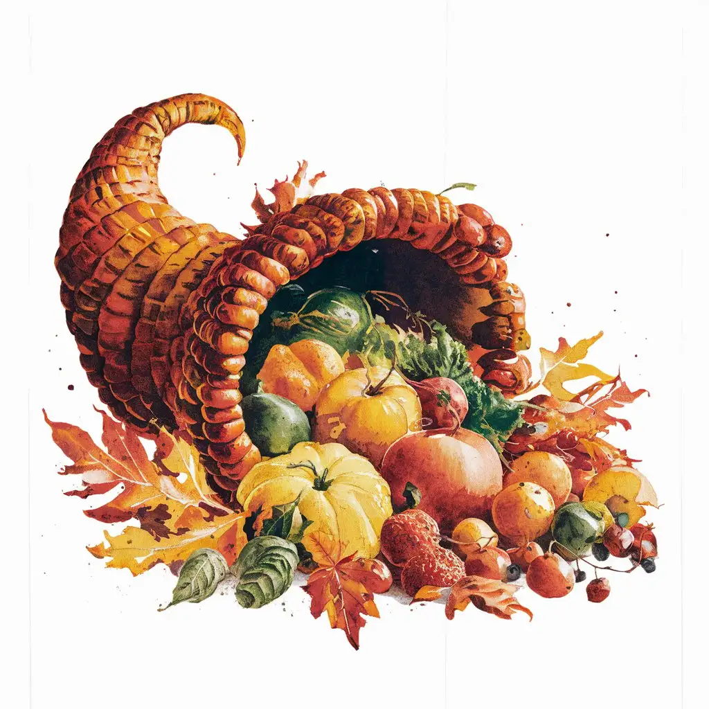 Aesthetic Watercolor Autumn Cornucopia on Isolated White Background