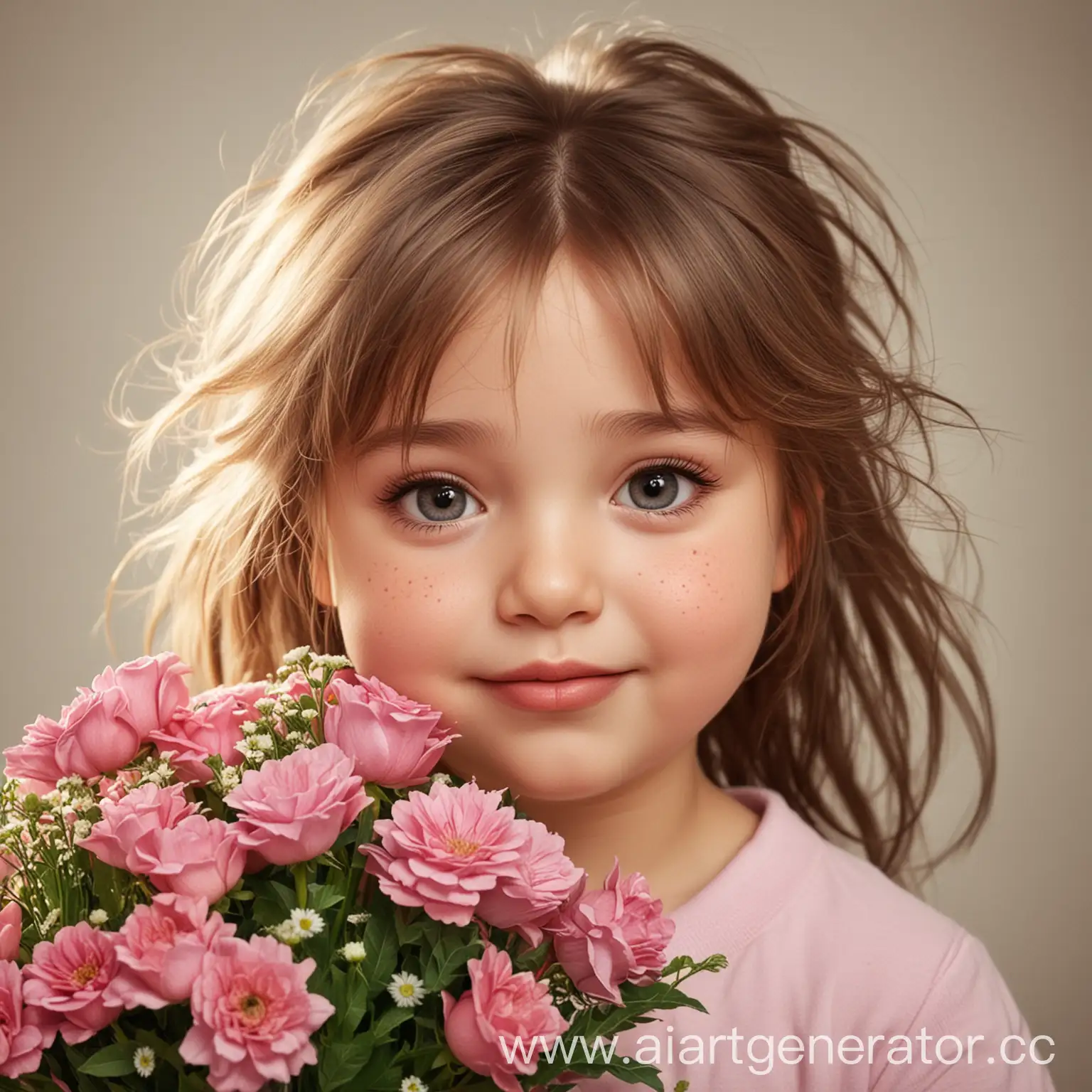 Chubby-Cheeked-Girl-with-Flowers-Bouquet-Cartoon-Style