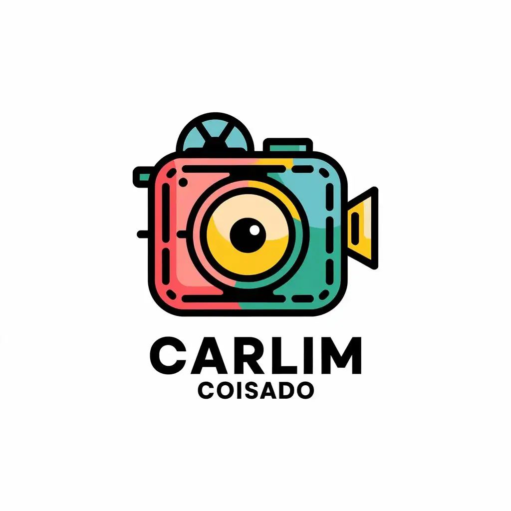 a vector logo design,with the text "Carlim Coisado", main symbol:Create a logo with rounded shape, which has the letter C as its main focus and refers to my social media work, with vibrant colors and a format that combines social networks and cinema and also contains the symbol of a cinema camera.,complex,clear background