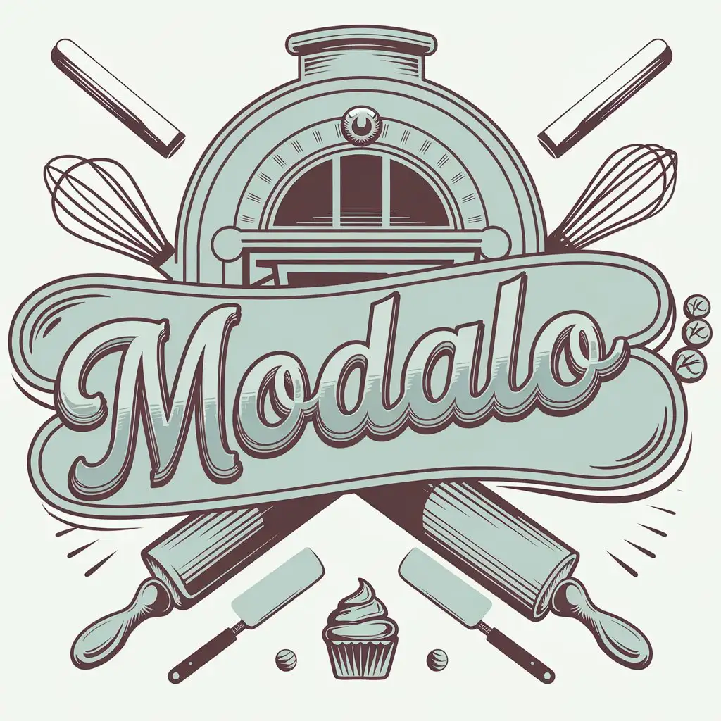 LOGO Design For MODALO Vintage Style in Smoky Baby Blue and Antique Pink with Bakery Utensil Theme