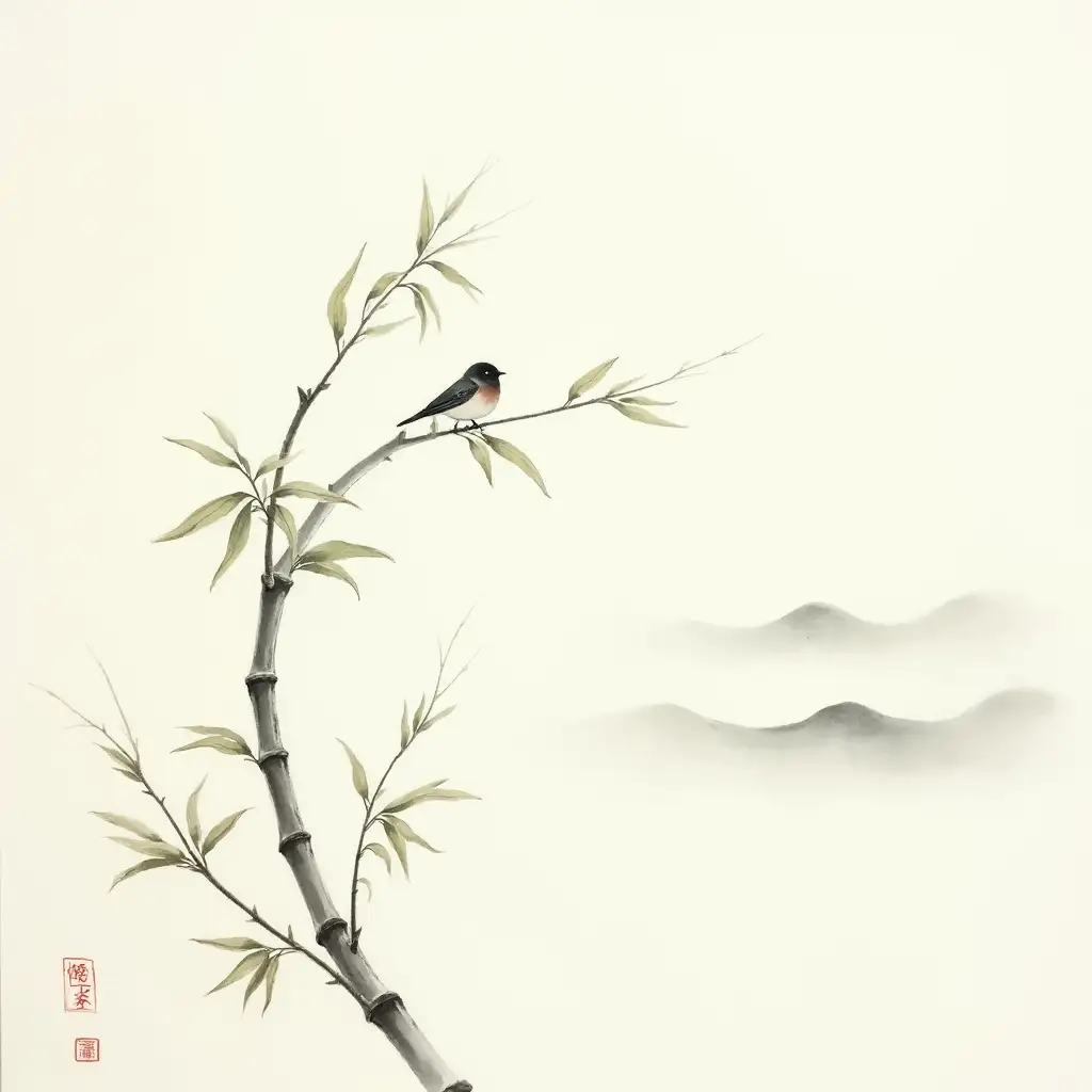 A painting in the sumi-e style depicting a bamboo gently curved by the wind, symbolizing flexibility and rest. In the background, delicate traces suggest light fog over distant mountains, evoking serenity. A small bird perched on a branch conveys the idea of a break and regeneration. The composition is balanced, with empty spaces to create a calming effect and contemplation.