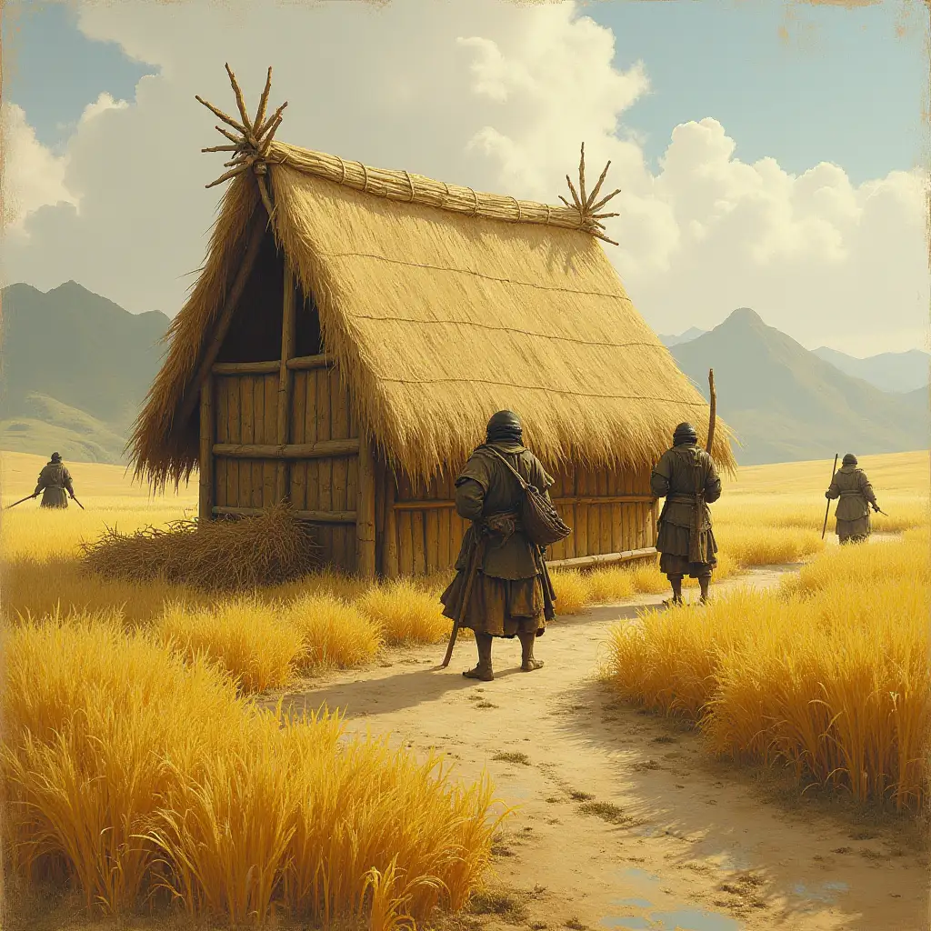 show me 5 images of Mongols harvesting rice in a simple thatched hut