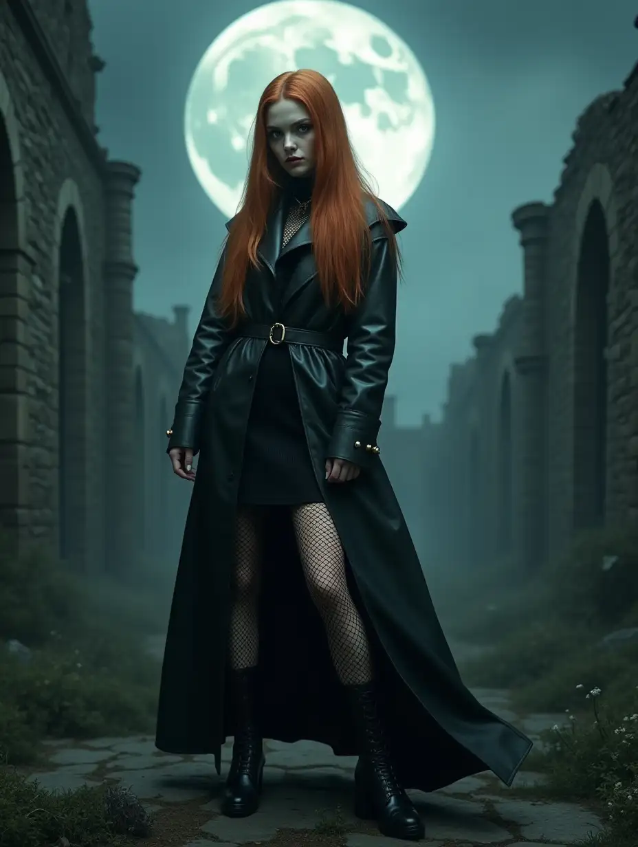 create Gothic art in the style of a dark fantasy, a gloomy girl posing against the ruins of a Gothic castle, a long leather trench coat, medium skirt, middle plan, fishnet tights, long ginger hair, gray eyes, model posing, flirting with the camera, against the background of a large bright moon, detailed, cinematic, cold tones, masterpiece, trends, by Owner Wetter