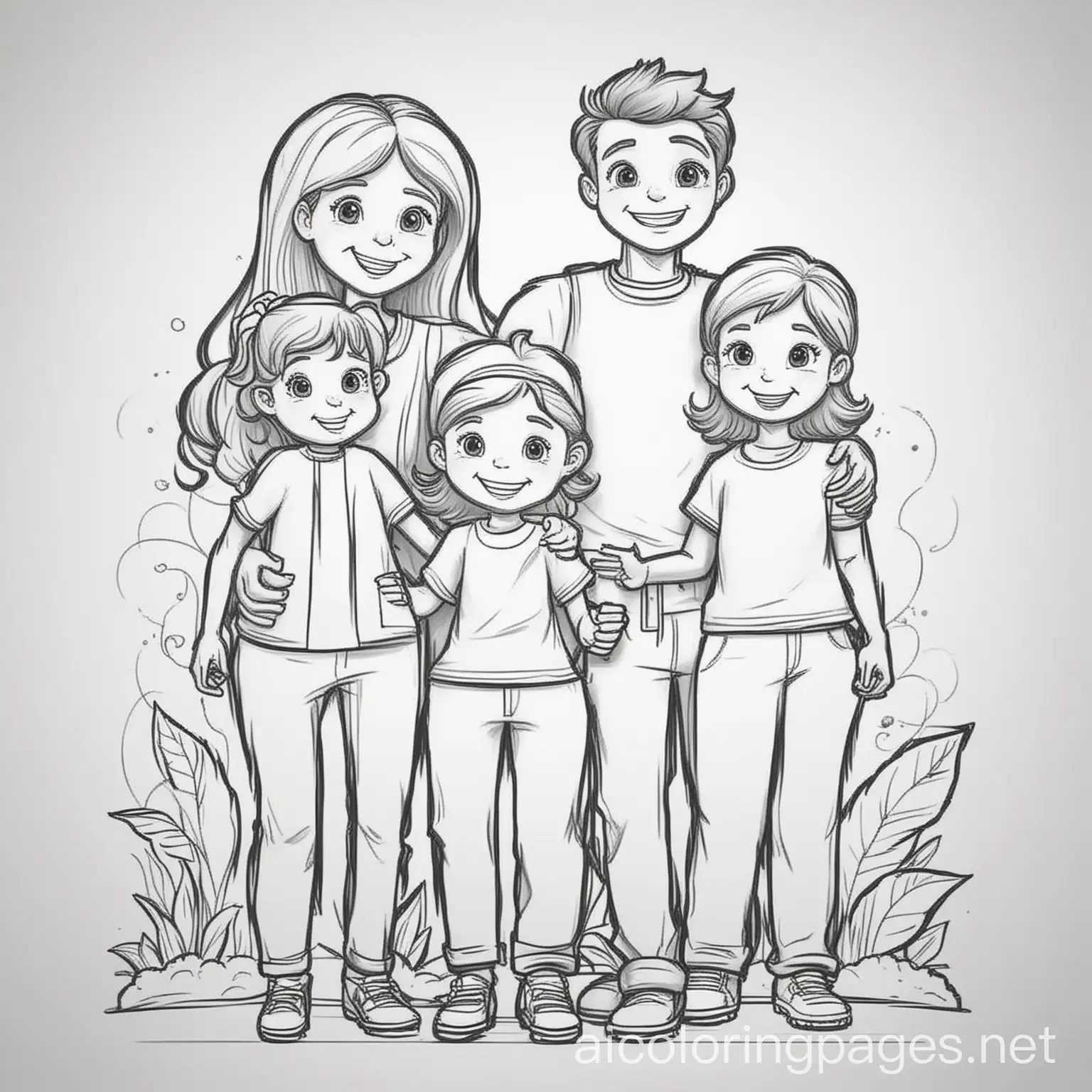 Happy family, Coloring Page, black and white, line art, white background, Simplicity, Ample White Space. The background of the coloring page is plain white to make it easy for young children to color within the lines. The outlines of all the subjects are easy to distinguish, making it simple for kids to color without too much difficulty