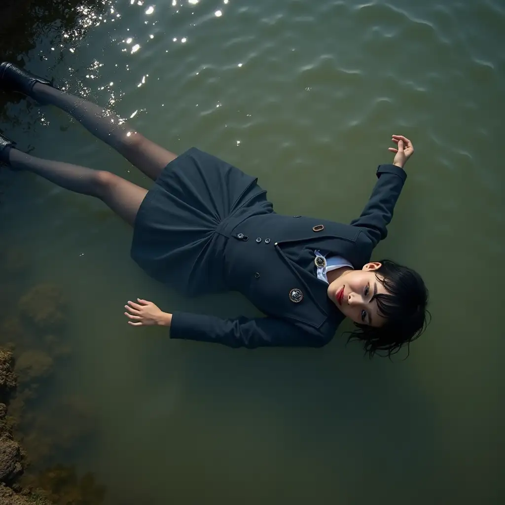 Schoolgirl in a school uniform suit, in a skirt, jacket, blouse, dark tights, high-heeled shoes. Wet clothes. Undrewater. She is swimming in a dirty pond, lying underwater, all her clothes are completely wet, wet clothes stick to her body, the whole body is underwater, submerged in water, under the surface of the water, below the water's edge.