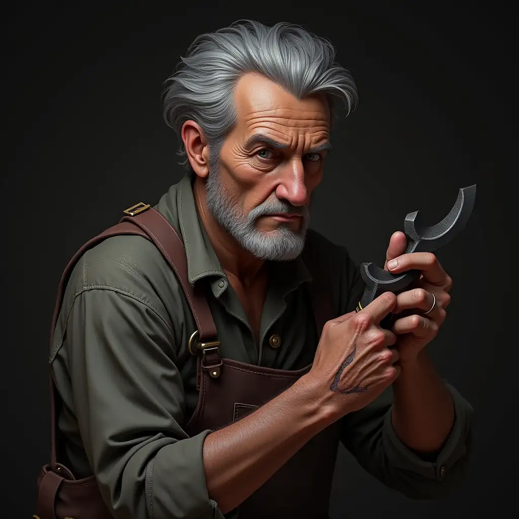 An old blacksmith with gray hair and a scar on his hand