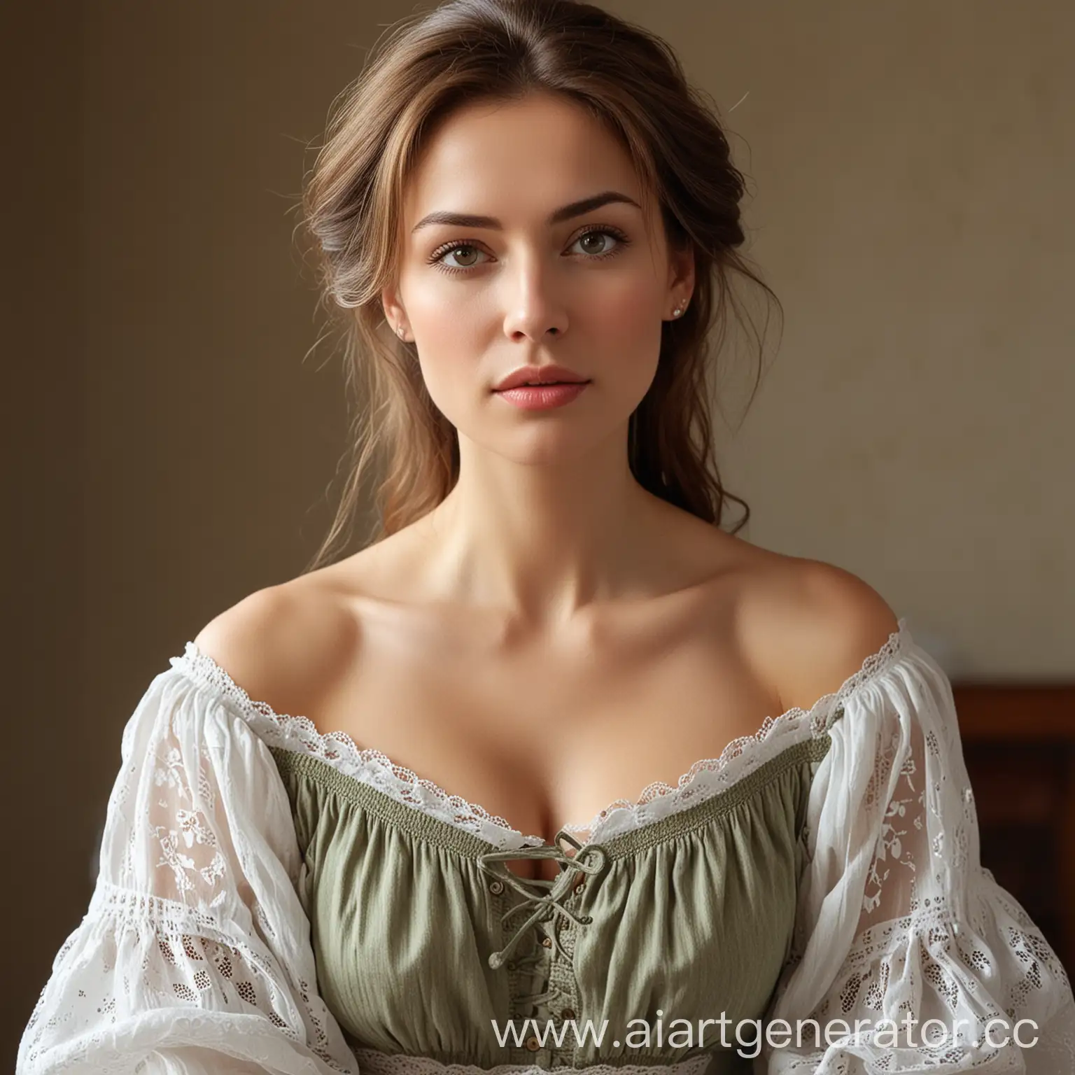 Stately-Tall-Russian-Peasant-Woman-in-Simple-Dress-Sitting-at-Home