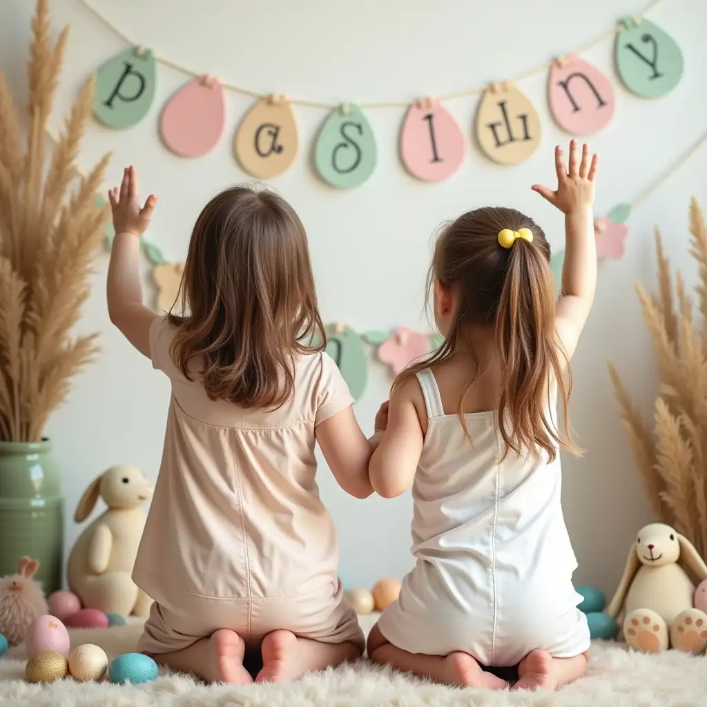 Easter, two little girls facing away from the camera, one hand raised, surrounded by Easter decorations