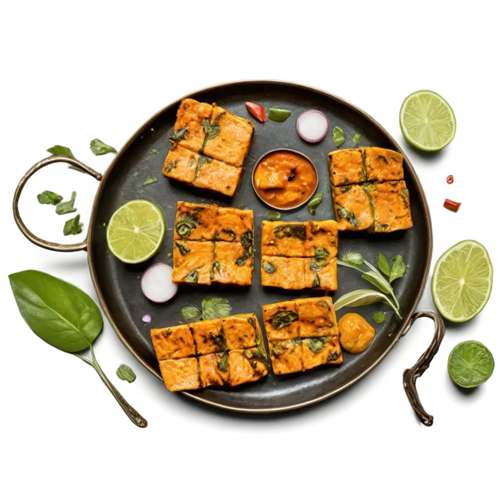 Raw-Mango-Curry-Leaf-Paneer-Tikka-PNG-Image-Top-Angle-Product-Photography