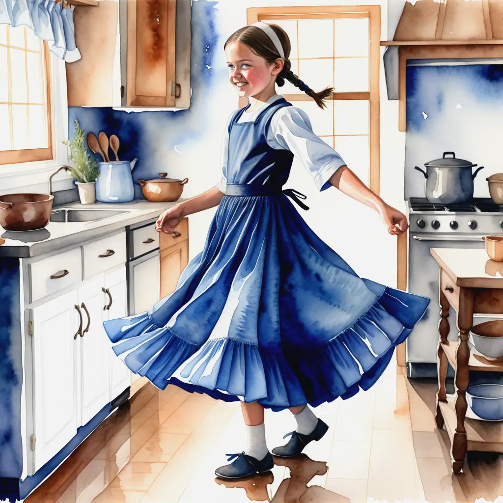 Watercolor Art of Young Amish Girl Twirling in Kitchen