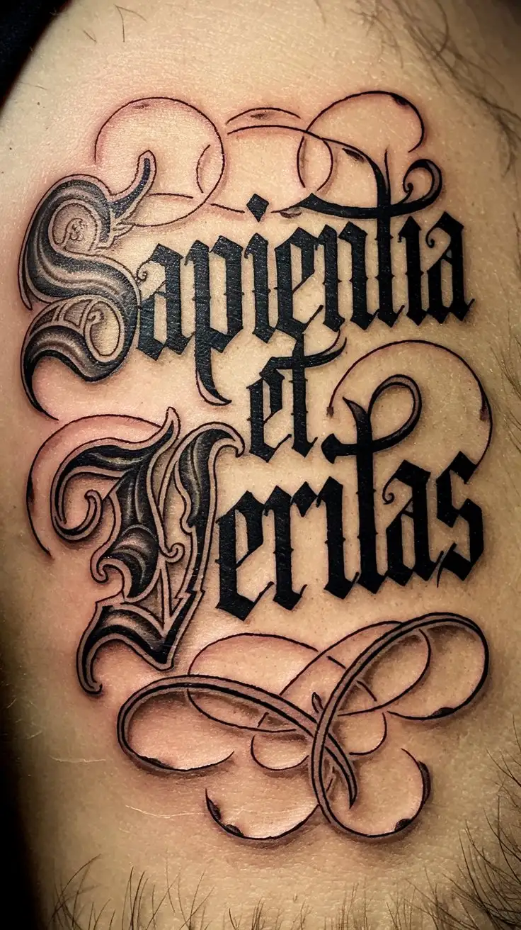 CloseUp-Shot-of-Medieval-Gothic-Calligraphy-Tattoo-with-Sapientia-et-Veritas-Quote