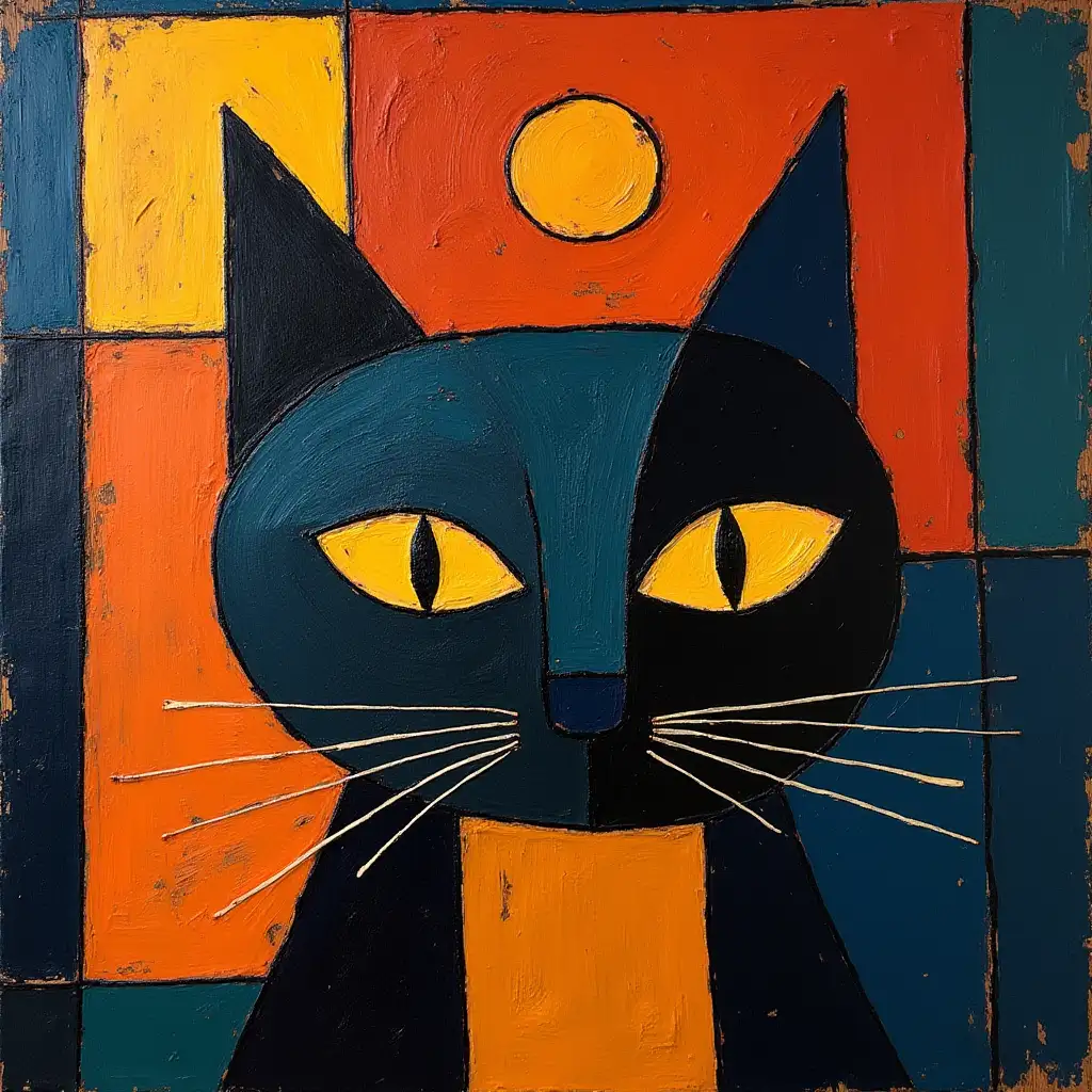 Picture in a grid portrait of a cat in the style of Kandinsky, Malevich, minimalism, simplified for a beginner artist with acrylic many colors, constructivism abstractionism, dark-toned