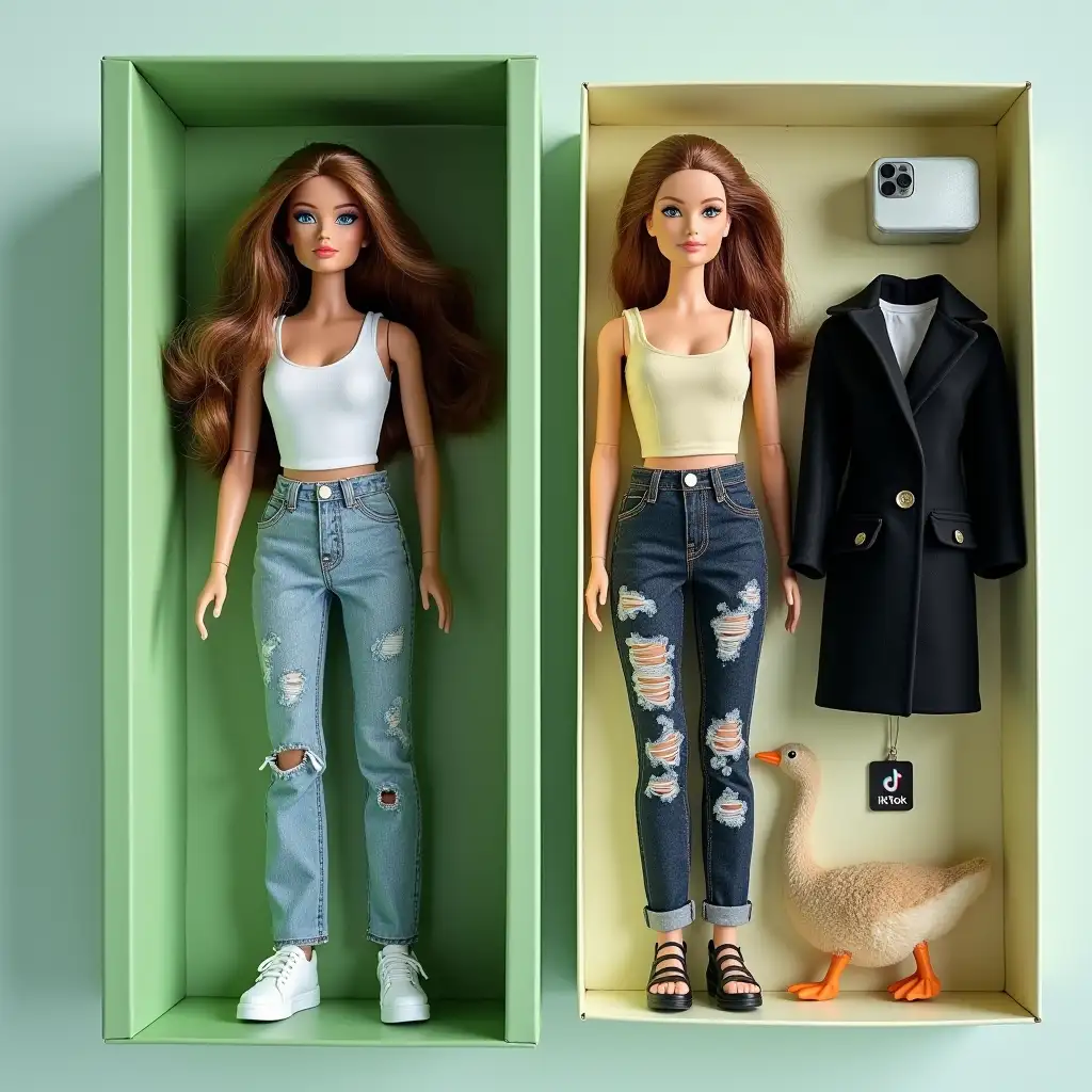 Create a doll in my likeness in the form of an action figure. The full-sized doll is located inside a [salad green] box on the left side. Copy every detail of the exterior and each clothing item from the photo. Replicate facial features, lip shape, eyes, hairstyle, and proportions. Accessories are located to the right of the toy: a plush goose, a black coat, a Tik Tok logo, an iPhone. On the top part of the box — [Marina Alexandrovna].nnThe figure has the body of Barbie.