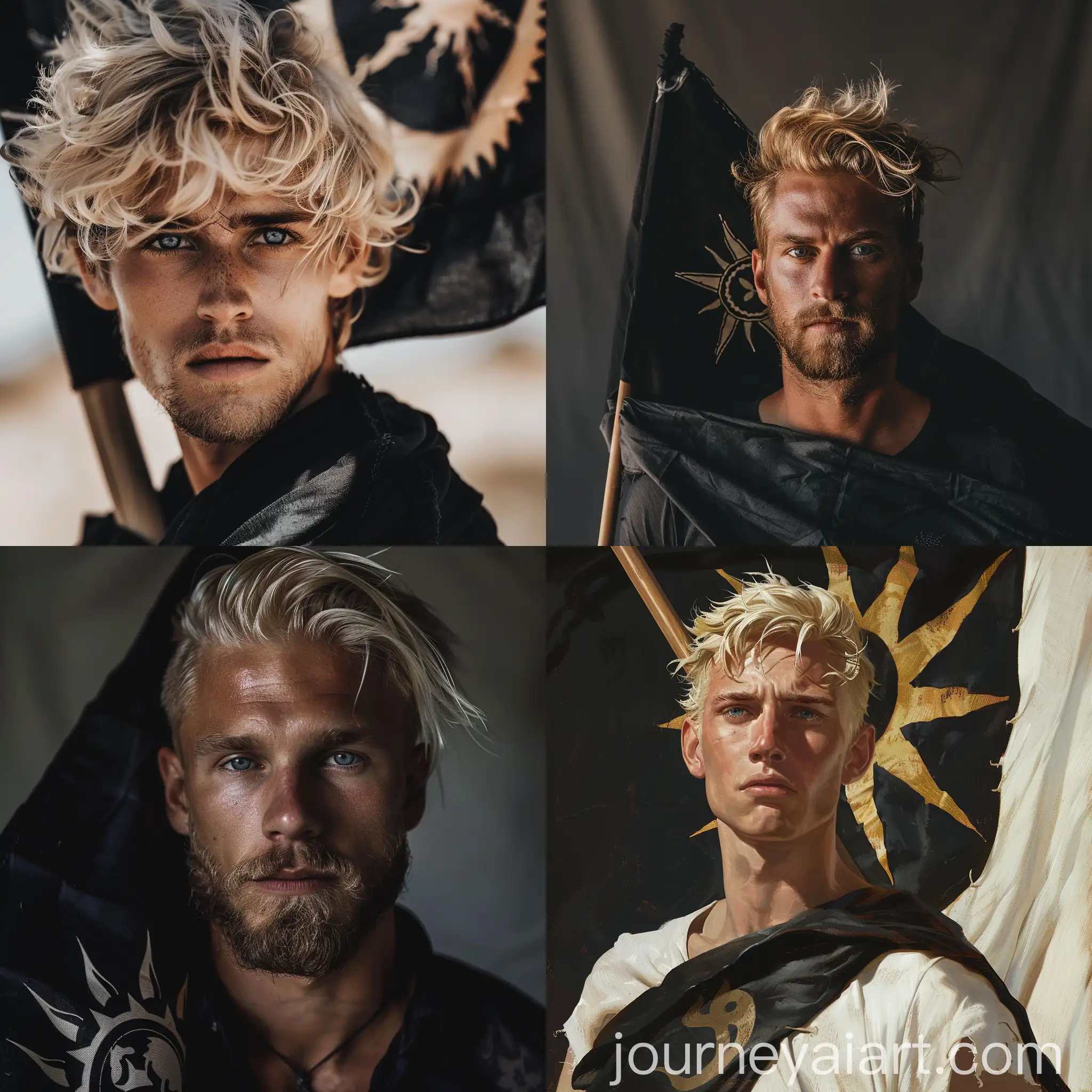Blonde-Man-Holding-Black-Sun-Flag
