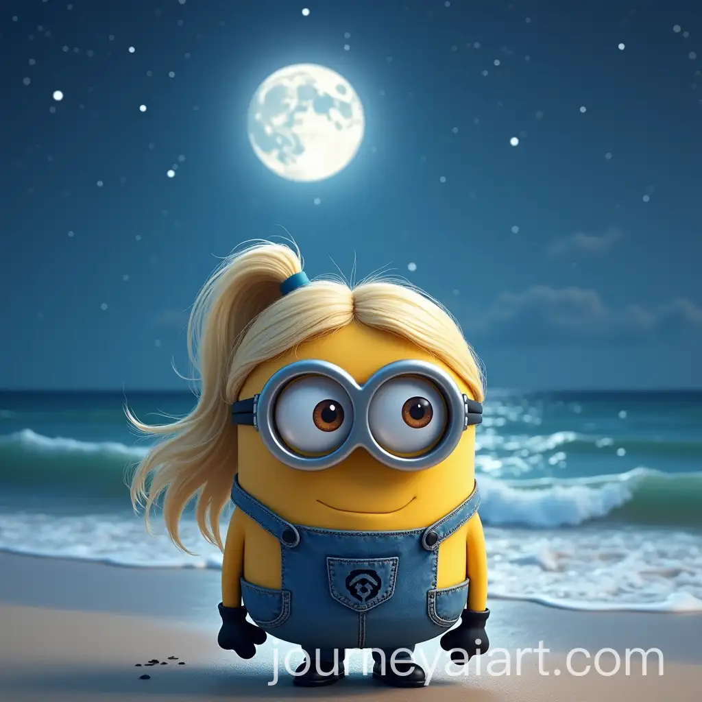 Cute-Female-Minion-with-Blonde-Hair-Under-Starry-Sky-and-Full-Moon-at-Sea-Shore