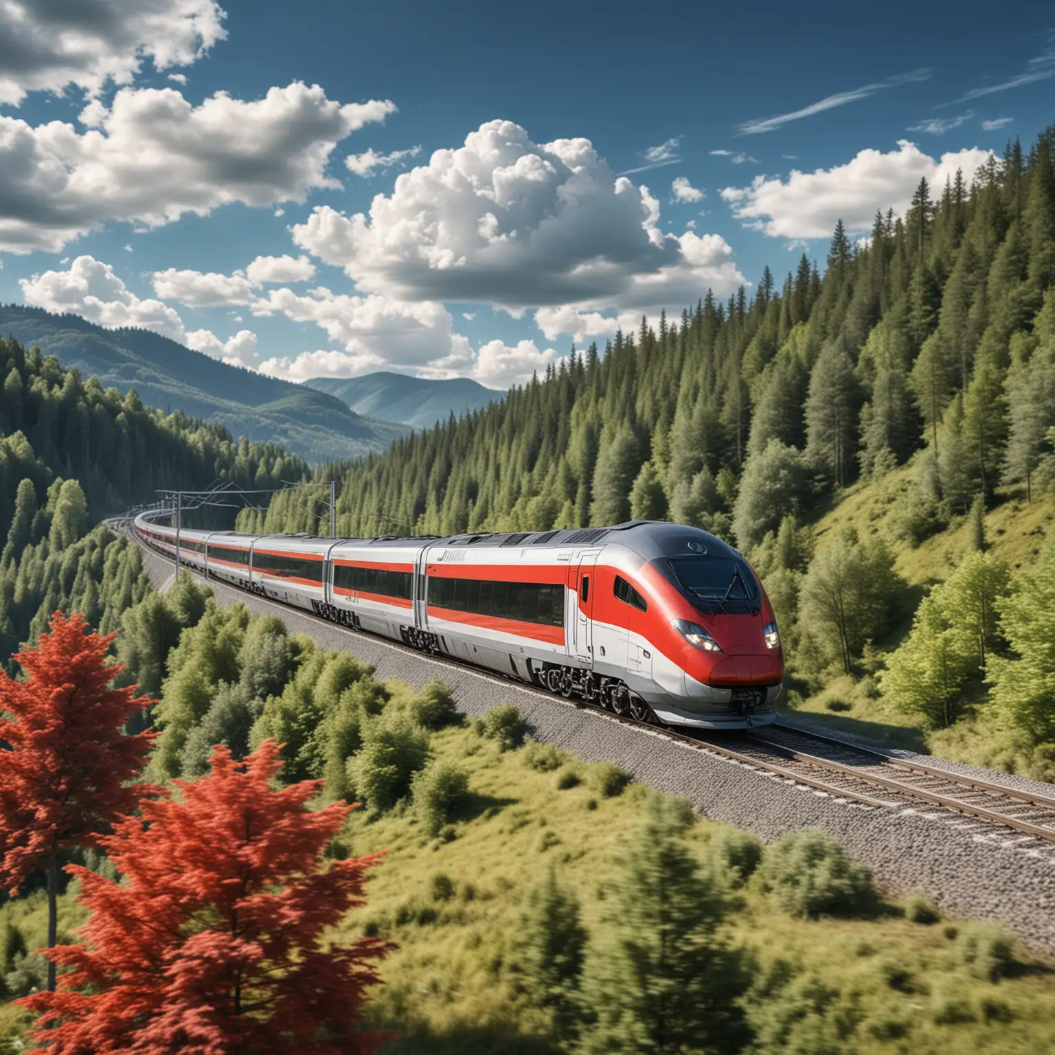 high speed train in red and grey colors is moving through forests anda valleys, fast speed, blurred background, ultra realistic, sunny day, blue sky, white clouds