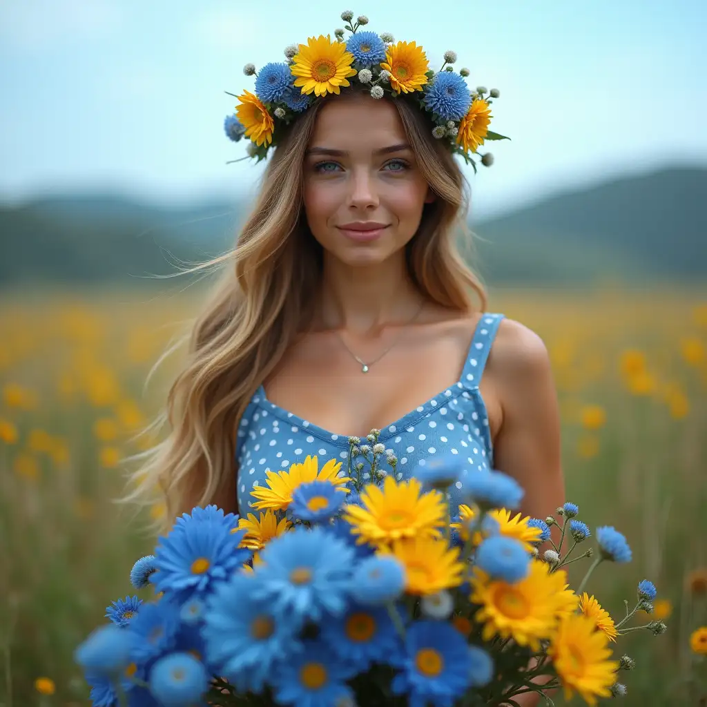 Beautiful-Russian-Girl-in-Blue-Dress-with-Polka-Dots-Holding-Bouquet-of-Blue-and-Yellow-Flowers