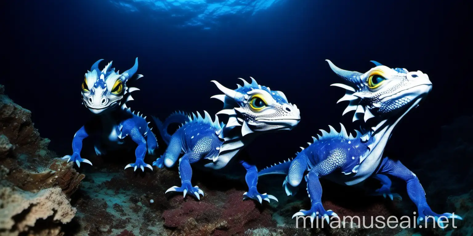 Mystical Carolina Dragons in Deep Blue Sea Surrounded by White Coral Reefs