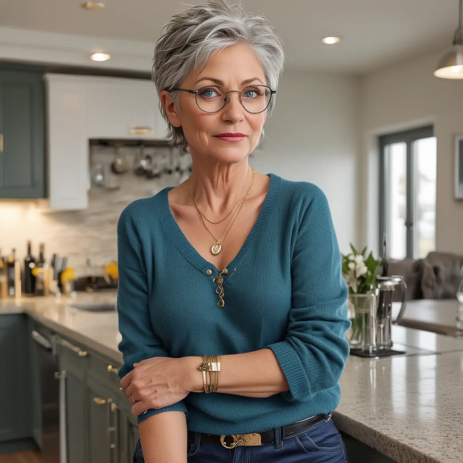 create an insanely detail, insanely realistic photograph of a (((lady of age 50 with blue/green eyes short gray hair wearing wire rim glasses also wearing a blue sweater with a long gold necklace, grey slacks and grey shoes))) standing at the kitchen island preparing a salad, a glass of wine sits there as well
