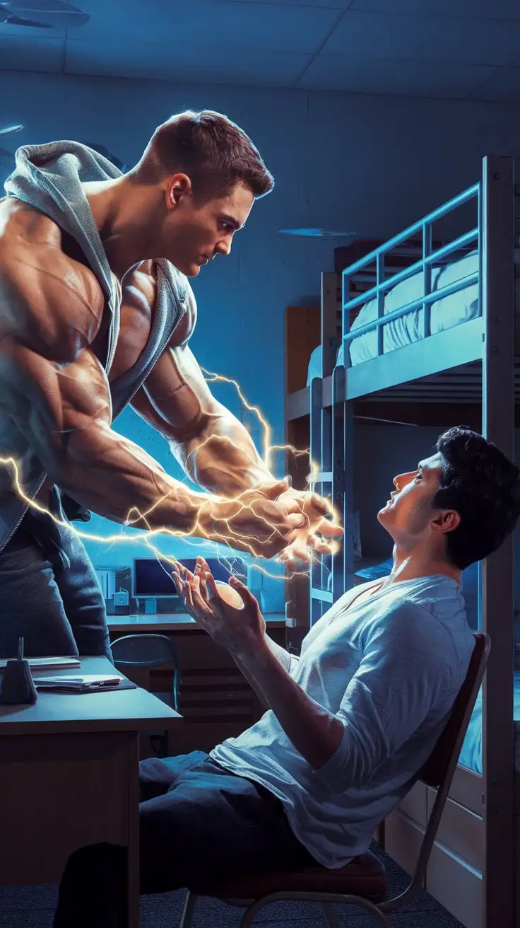 In a dorm room at night. A hugely ripped 27-year-old musclegod with awesome superpowers gives luminous golden energy and electricity to an average 20-year-old guy. Reverent mood. Photorealistic.
