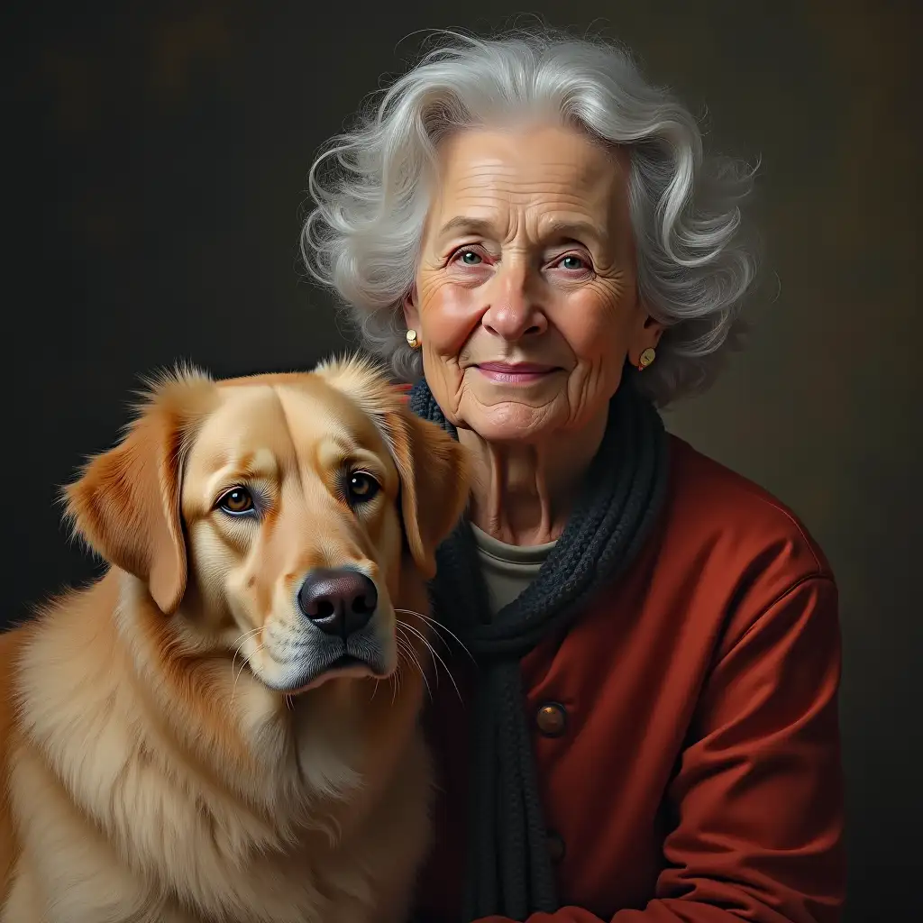 Ultradetailed hyperrealistic digital painting of a woman 70 years with a dog with impeccable attention to texture, surfaces and lighting, to give depth, dimension and a photorealistic appearance.