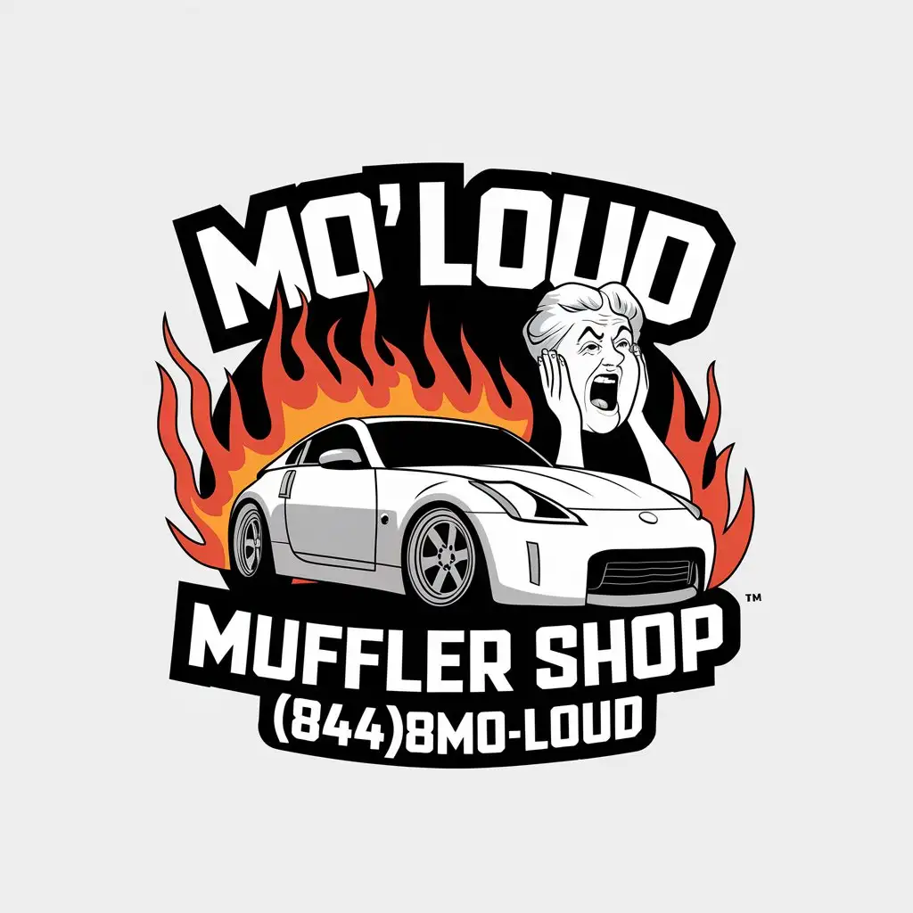 LOGO Design for Mo Loud Muffler Shop Vector Logo with a 350z Flames and a Mad Old Lady