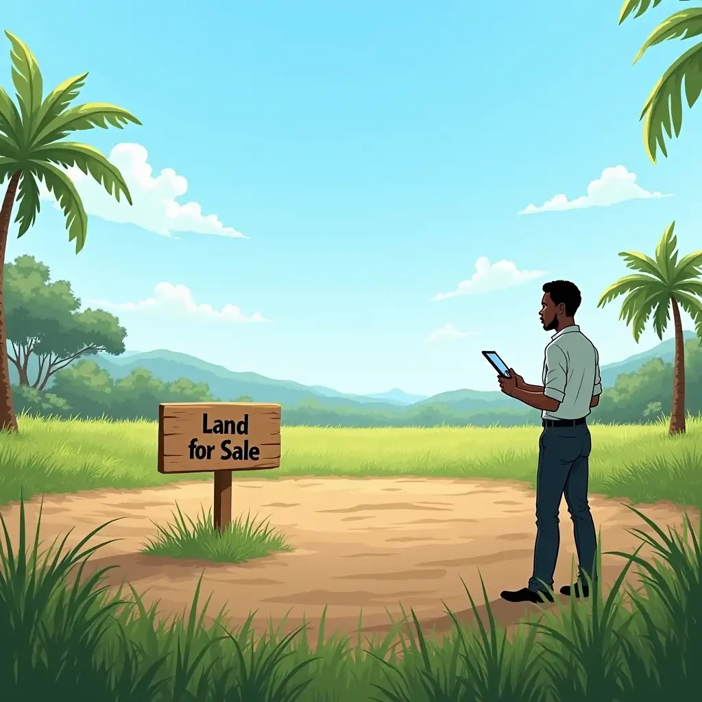 A realistic photograph of a flat, undeveloped plot of land under a clear blue sky, surrounded by green grass and tropical trees typical of Cameroon. A wooden sign reading ‘Land for Sale’ is planted in the ground. Nearby, an African person with light black skin, dressed in a professional shirt, examines the land with a tablet in hand. Natural sunlight, vibrant colors (green, brown, blue).