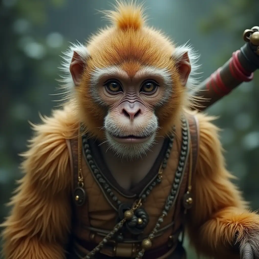 photo of the monkey king sun wukong. He has highly detailed fur and accessories. muted cinematic colors, shot on cinestill film --ar 16:9 --quality 2 I Today