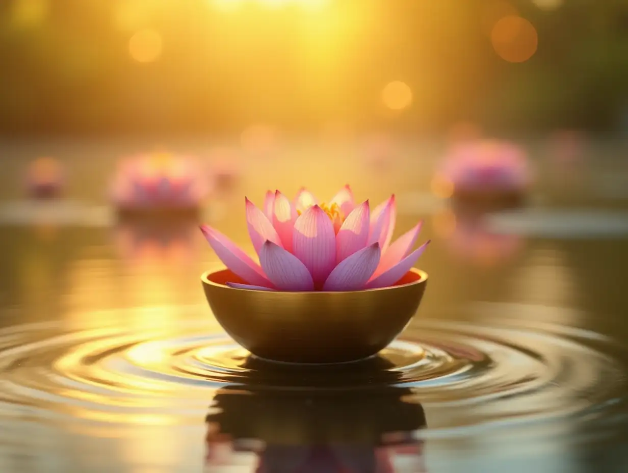 Golden-Meditation-Bowl-with-Lotus-Flower-Floating-on-Calm-Water