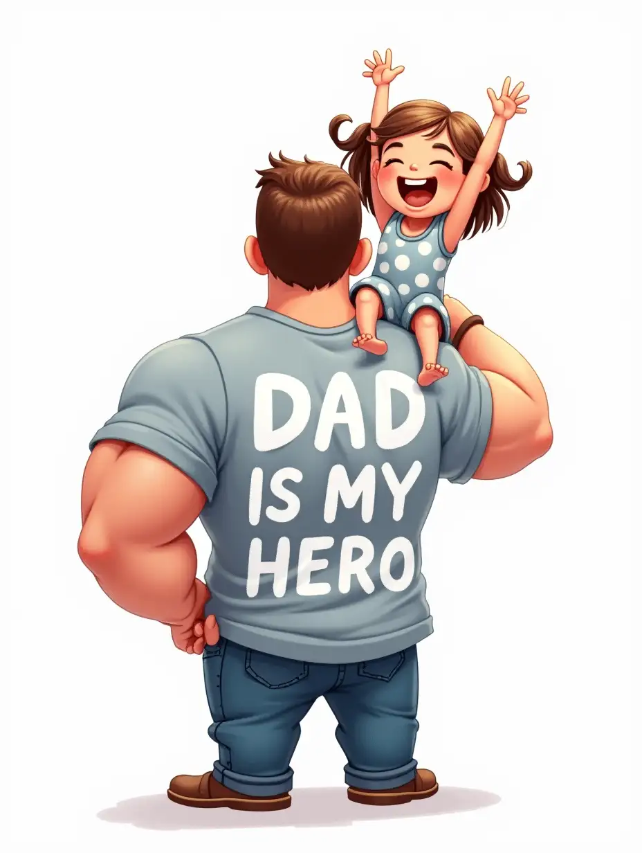 Cartoon illustration depicting a strong man with short hair and a muscular physique looking away from the viewer. He is holding with his hand a young girl with brown hair wearing a polka dot dress. She sits on one shoulder, joyfully raising her arms. View from behind. The man's T-shirt features the playful and bold inscription DAD IS MY HERO in white letters. The white background creates a fun and uplifting atmosphere. Watercolor 3D